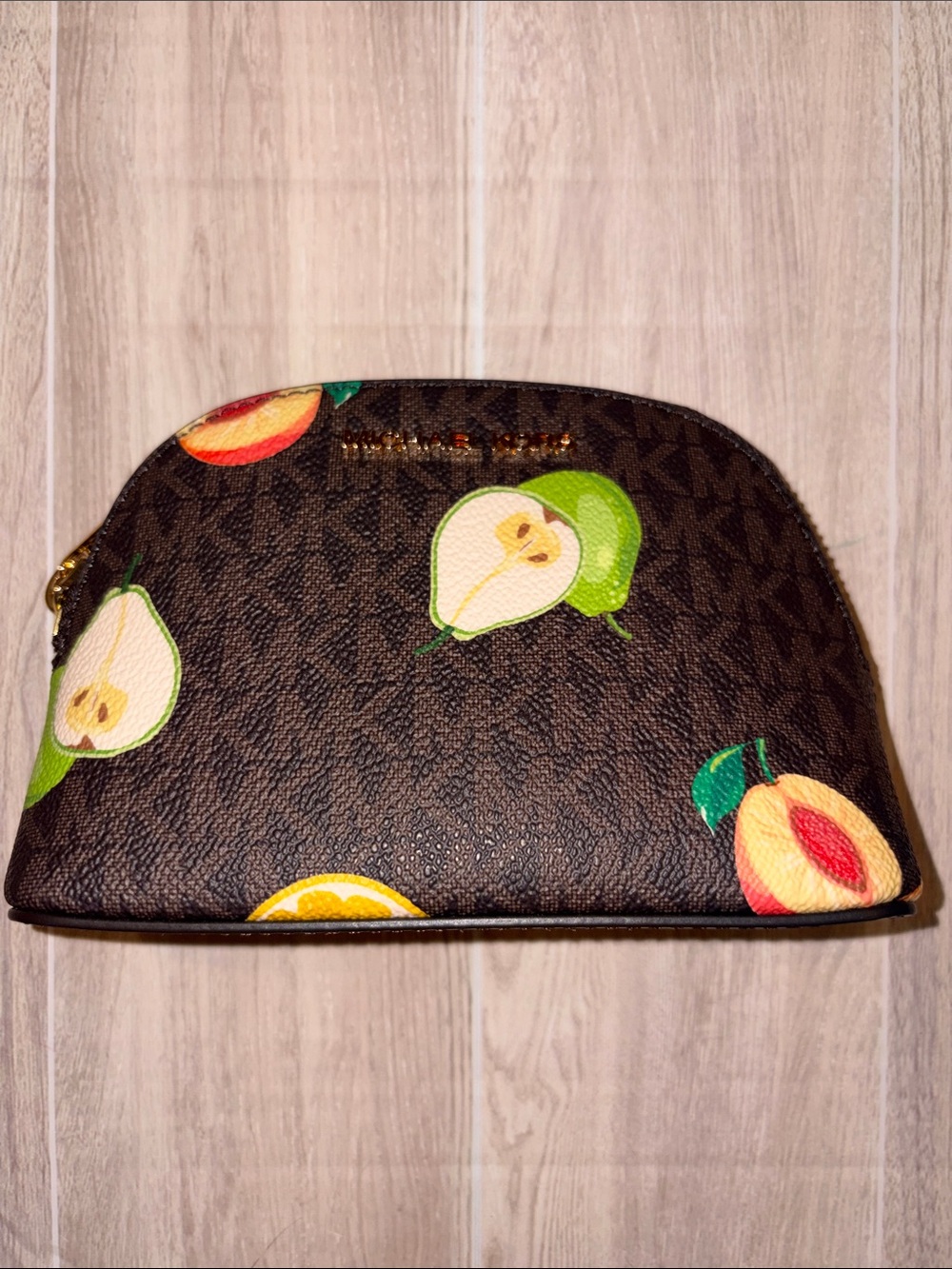 Michael Kors Brown Fruit-Print Cosmetic Case with Gold Logo